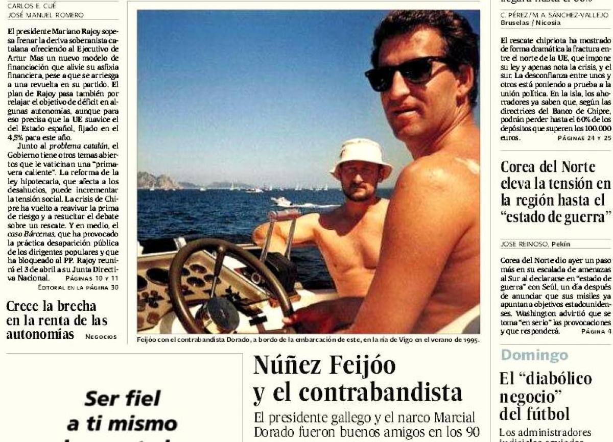 Portada de 'El País' que en 2013 revelou a amizade de Feijóo con Marcial Dorado nos anos 90