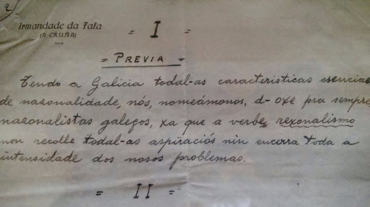Fragmento do manuscrito do Manifesto de Lugo (1918), presente na exposición